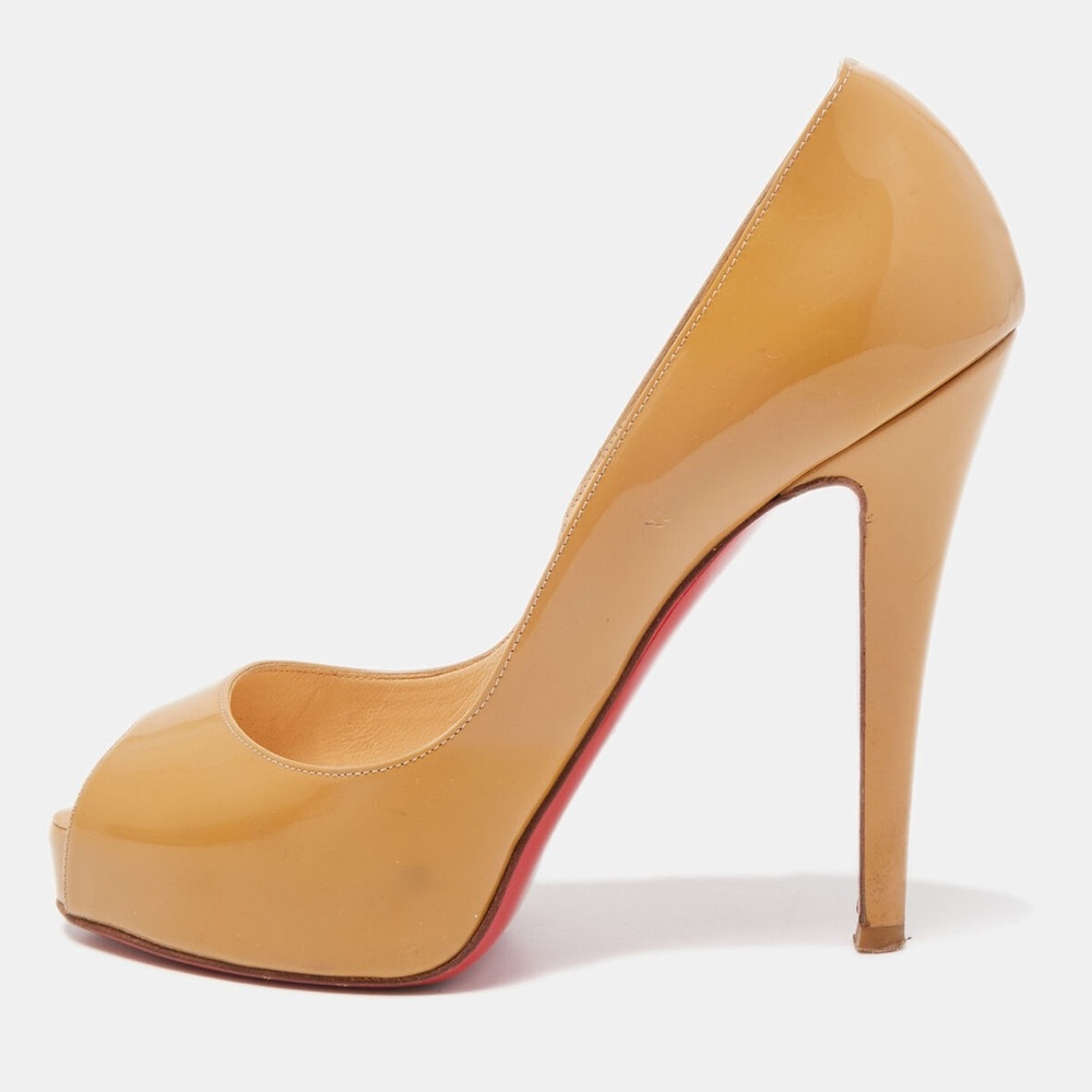 CHRISTIAN LOUBOUTIN
Camel Patent Leather peep toe platform Pumps